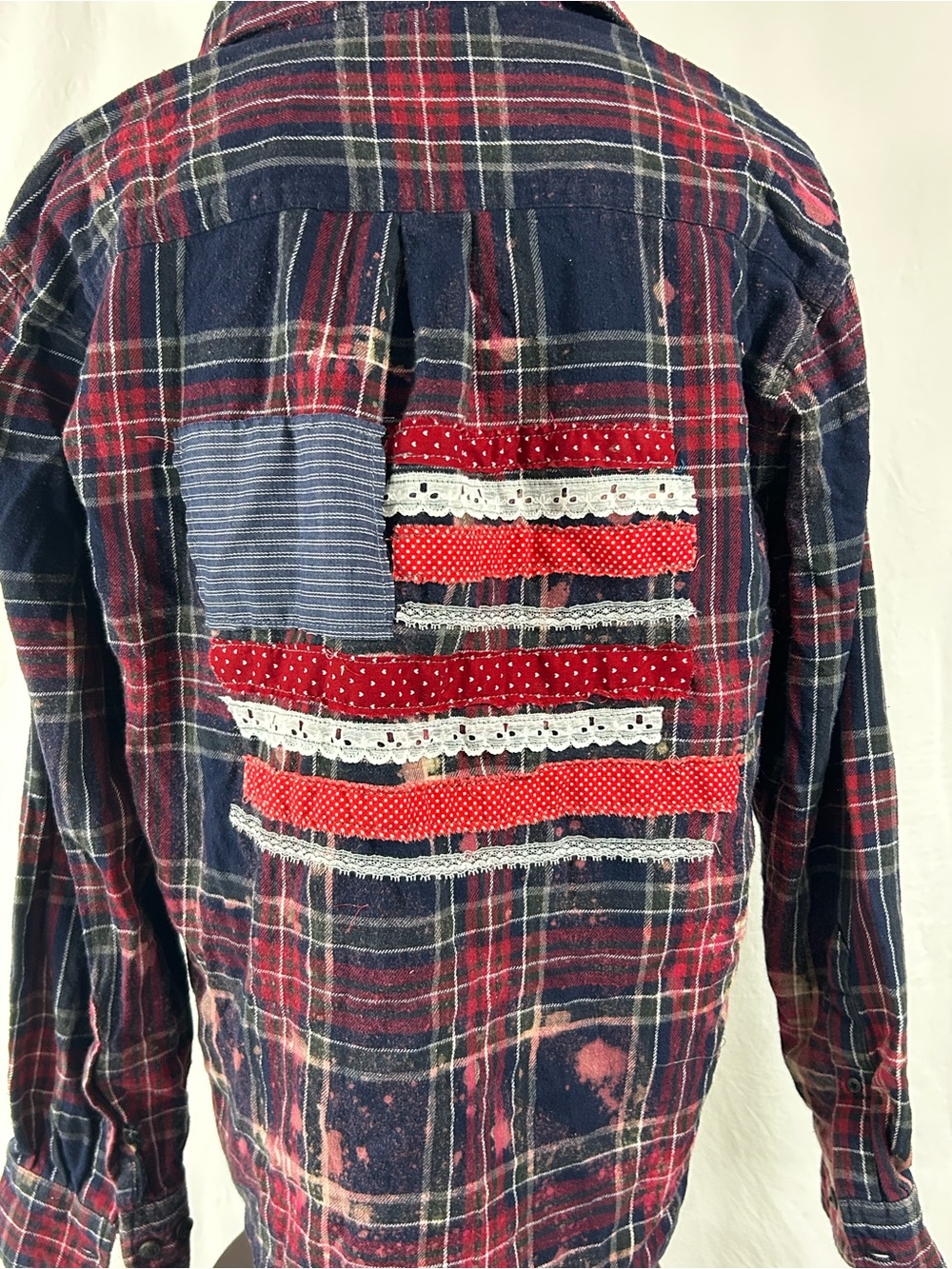 Patriotic Flannel Women’s Button up shirt 4th of July Upcycled American Flag